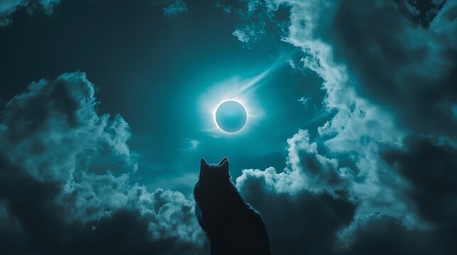 a minimalist flat image showcasing a wolf facing away during a solar eclipse with clouds, utilizing a triadic sapphire palette and incorporating a tilted panorama , Attractive look