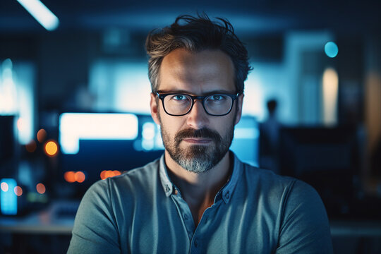 Hard working person in modern interior office programming writing web java script code AI technology generation