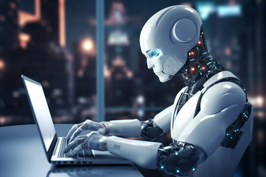 Hard working person in modern interior office programming writing web java script code AI technology generation
