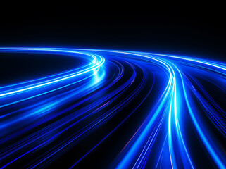 A smooth, undulating wave of blue neon light against a dark background symbolizes motion and technology.