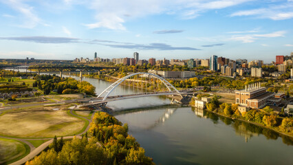 Bridge over the river with city in background. Edmonton, Alberta, Canada