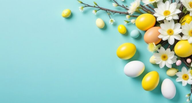 yellow easter eggs and flowers on pastel blue turquoise background banner copy space left and center