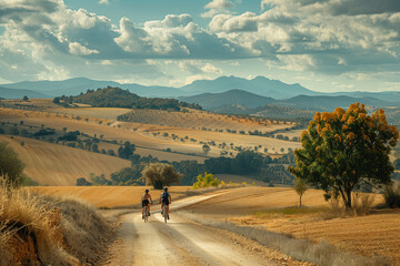 Fototapeta premium A couple riding bicycles on a dirt country road