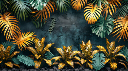Fototapeta premium Rich golden tropical leaves against a dark backdrop, offering a luxurious natural pattern.
