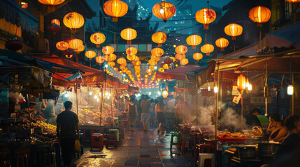 A busy Asian market street adorned with red lanterns and vendors at night
