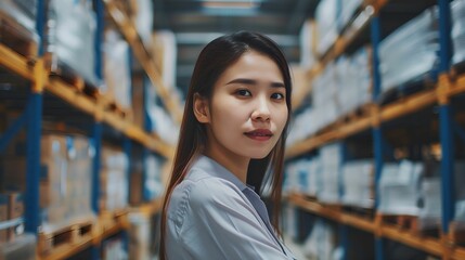 Asian professional woman working in logistics looking at the camera in a warehouse