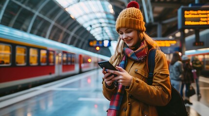 Smiling attractive woman looking at her smartphone at a train station