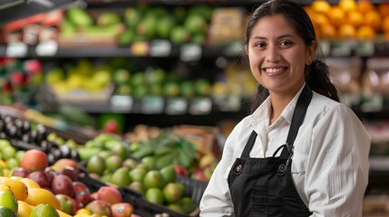 Smiling Hispanic female supermarket fruit section worker looking at the camera, grocery store service