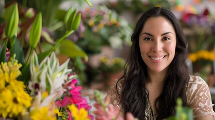 Smiling attractive Hispanic female small business owner in her florist shop, floral boutique entrepreneurship