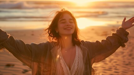 Portrait of calm, happy, smiling free woman with open arms and closed eyes enjoying a beautiful moment of life on the seashore at sunset