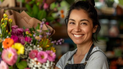 Smiling attractive Hispanic female small business owner in her florist shop, floral boutique entrepreneurship