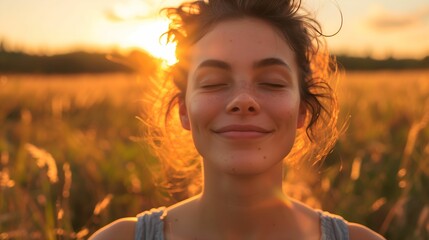 Portrait of a calm, happy, smiling free woman with closed eyes enjoying a beautiful moment of life in the fields at sunset