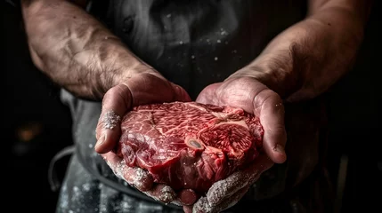 Fotobehang Butcher's hands holding a big, red, and fat raw Wagyu beef steak, premium meat quality © Delques