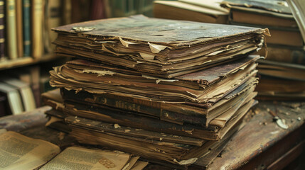 A stack of old, weathered books piled high on a wooden table, their well-worn pages hinting at the...