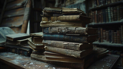 A stack of old, weathered books piled high on a wooden table, their well-worn pages hinting at the countless stories and adventures they hold within.