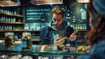 A young man closely examines cannabis buds in a modern dispensary, with jars of product on display - obrazy, fototapety, plakaty