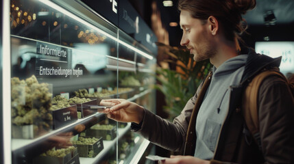 A client is purchasing premium cannabis products at a checkout counter in a high-end, stylish dispensary