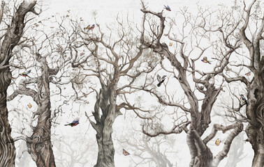 Drawing forest pattern landscape of dry trees in autumn with birds and white background.