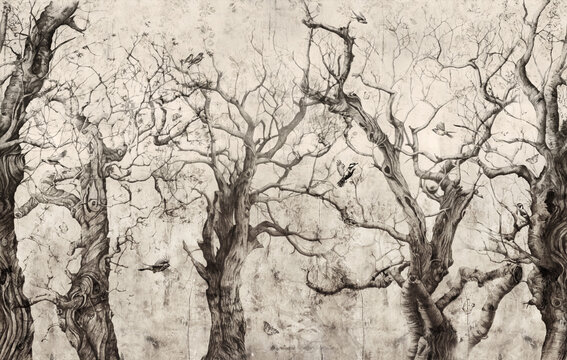 Drawing forest pattern landscape of dry trees in autumn with birds and beige background.
