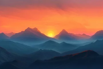 Papier peint Orange Sunset over the mountains. Mountain landscape at sunset.