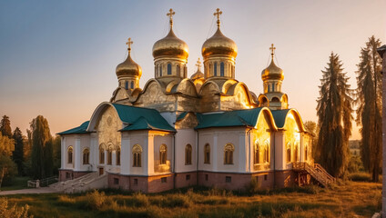 Obraz premium Christian Orthodox Church with golden domes. Golden hour light. The temple complex