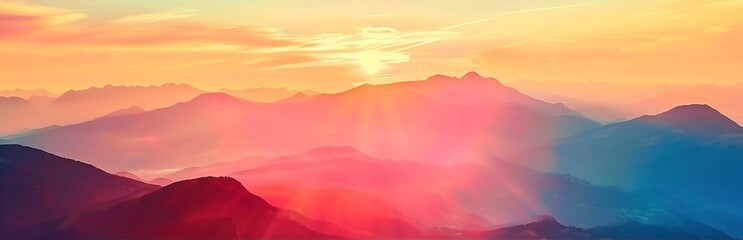 Panoramic view of the mountains at sunset. Sunrise in the mountains. Banner - obrazy, fototapety, plakaty