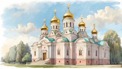 Fototapeta na wymiar Christian Orthodox Church with golden domes. Watercolor illustration