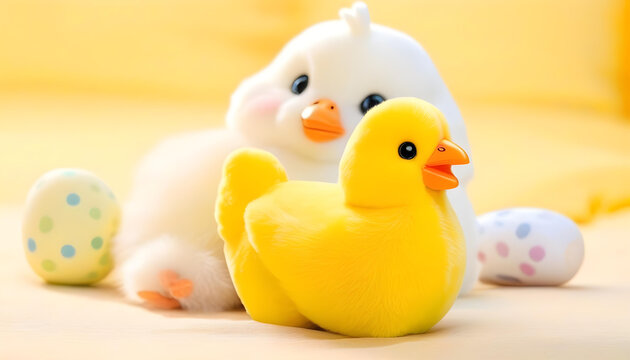 A yellow chicken stuffed animal with white bunny slipers
