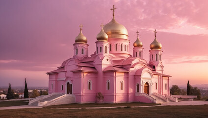 Obraz premium Christian Orthodox Church with golden domes. Pink light of sunset or dawn