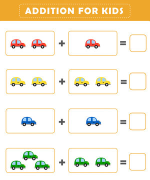 Preschool addition worksheet with cute car illustration. Math Activities for Kids. Math activities for toddlers to practice early math concepts.	