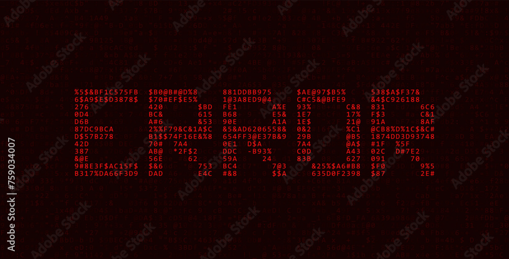 Fototapete Red ASCII Art ERROR Word Made from Random Letters and Numbers. Dark Binary Code Error. Concept of Protected Digital Data Leak. Hacker Attack Database Malware. Cyber Security Vector Background.