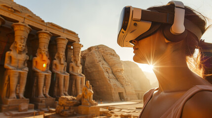 A woman wearing a virtual reality headset stands in front of a large statue of a woman. The scene is set in a desert, with the sun shining brightly in the background - obrazy, fototapety, plakaty