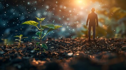 A person stands in contemplation, paralleling the growth of a young plant, both silhouetted against a backdrop of shimmering cosmic light.