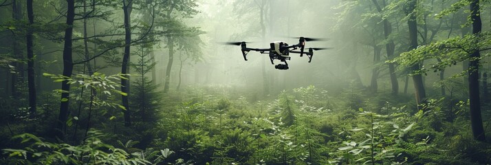 Carbon sequestration projects in a forest planting trees to capture CO2 with drones monitoring the growth and health of the area - obrazy, fototapety, plakaty