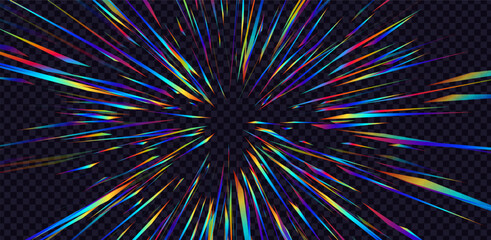 Abstract Rainbow Halo Rays on Transparent Background. Starburst or Sunburst with Rainbow Colors. Anime Burst Light Rays. Holographic Lens Flare Reflections Design Element. Vector Illustration.