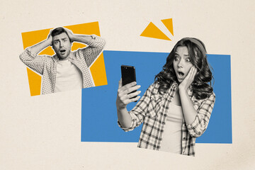 Fototapeta na wymiar Composite photo collage of surprised shocked man girl hold iphone video chat news freelance colleagues online isolated on painted background
