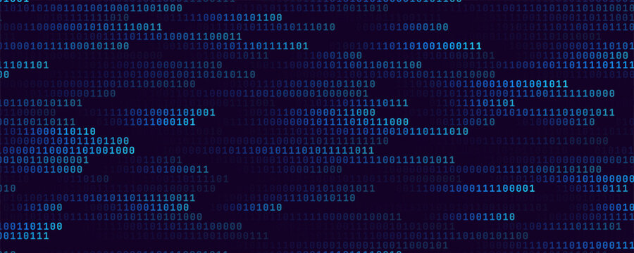 Abstract Binary Software Programming Code Background. Random Parts of Program Code. Digital Data Technology Concept. Random Binary Data Matrix Wide Vector Illustration.
