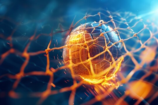 Fiery soccer ball scores net bends light flashes blue background