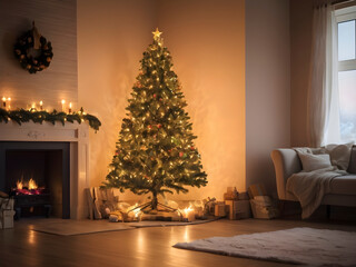 Christmas Tree Aglow Near the Fireplace – Festive Home Setting