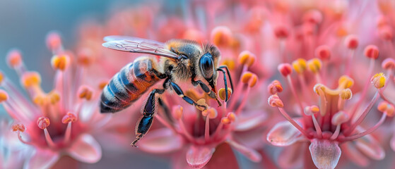 This macro image captures a bee with delicate wings collecting nectar from vivid pink blossoms, showcasing nature's beauty and pollination process