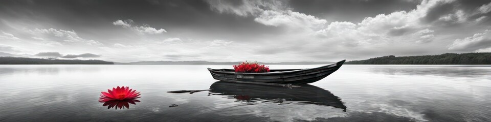 Abstract sad black and white landscape with old boat and red flowers, concept of life and death. Background for social media banner, website and for your design, space for text.	