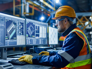 Fototapeta premium A man in a safety vest is working on a computer with two monitors. He is wearing a hard hat and safety glasses