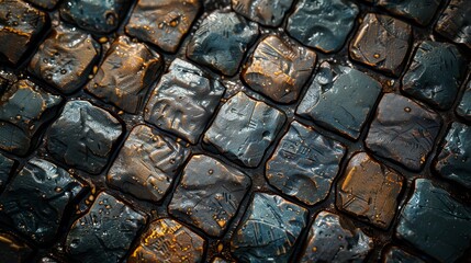 Close-up of rustic cobblestones dappled with raindrops and golden sunlight, creating a warm, textured urban landscape.