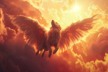 Angelic winged dog with feathered wings ascending amidst a sunset sky divine aura - obrazy, fototapety, plakaty
