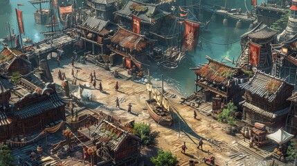 An aerial view of an animated ancient harbor scene with traditional junks docked alongside the bustling marketplace.
