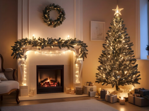Christmas Tree Illumination Beside a Cozy Fireplace – Home Holiday Decor