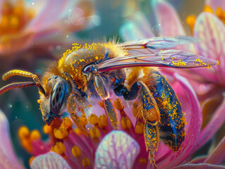 An intricate capture of a bee dusted with pollen on a flowering plant displaying the beauty of pollination