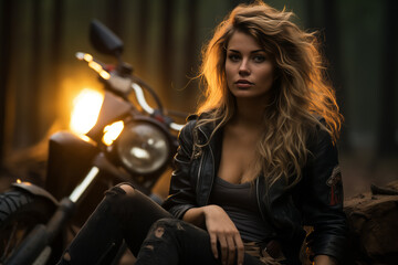 Fototapeta na wymiar Woman Sitting Next to Motorcycle