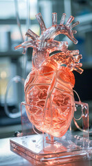 A heart made of clear plastic is lit up and on display. The heart is surrounded by a clear case and is illuminated, giving it a warm and inviting appearance. The heart is the center of attention