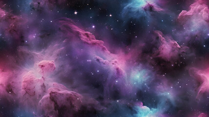 Seamless space texture background. Stars in the night sky with purple pink and blue nebula. A high resolution astrology or astronomy backdrop pattern. - obrazy, fototapety, plakaty